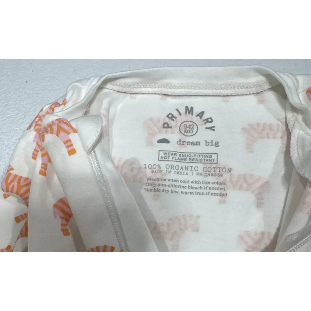 Primary Zebra Print Footie Full Zip Snug Fit 9-12 M Organic Cotton White Orange